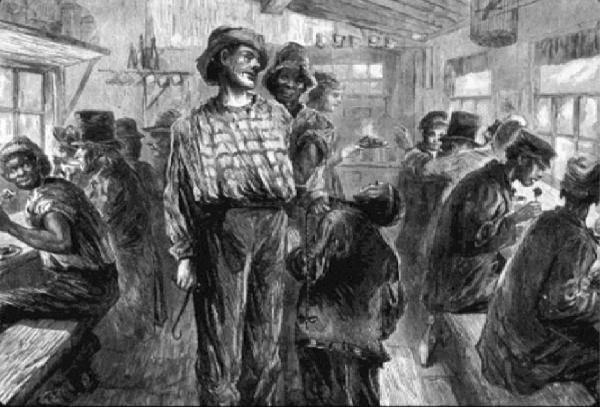 A black-and-white illustration of the Ear Inn’s interior (and patronage) from the 1800s, New York City. 